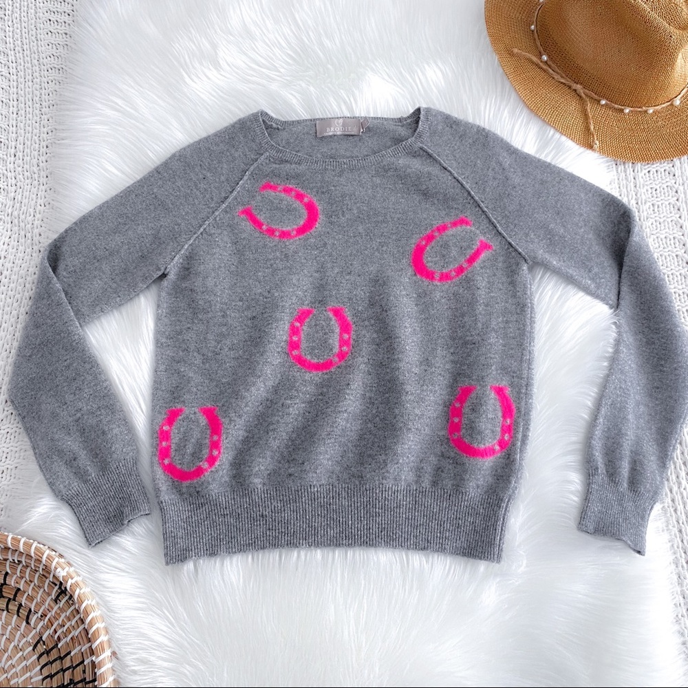 Brodie Cashmere Sweater Gray Neon Pink Horseshoes Sz 12-14